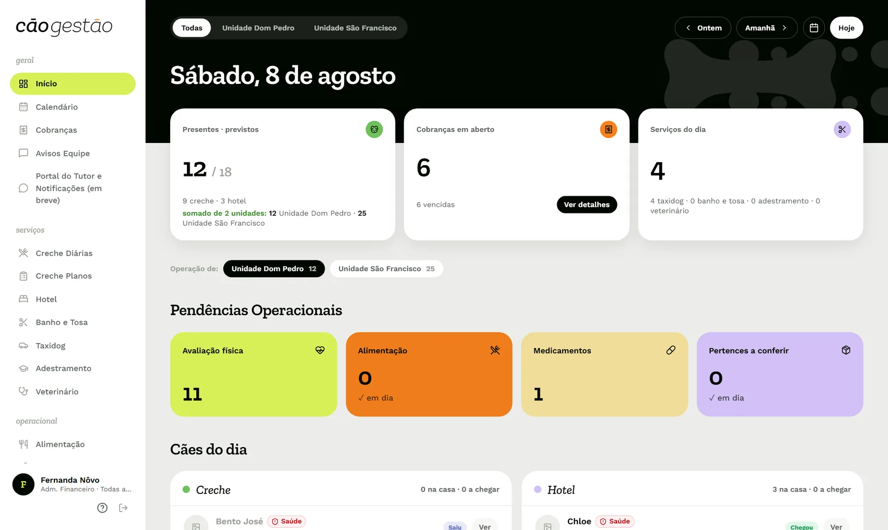 Tela inicial do CãoGestão: quem está na creche, o que falta fazer e o caixa do dia